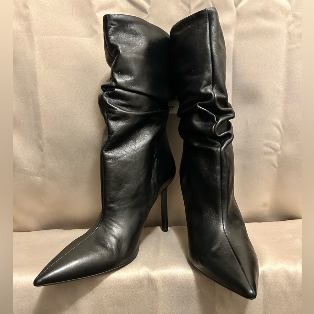 ZARA Black Leather Slouchy Mid Calf High Heel Boots Sz.41 ( NWT )